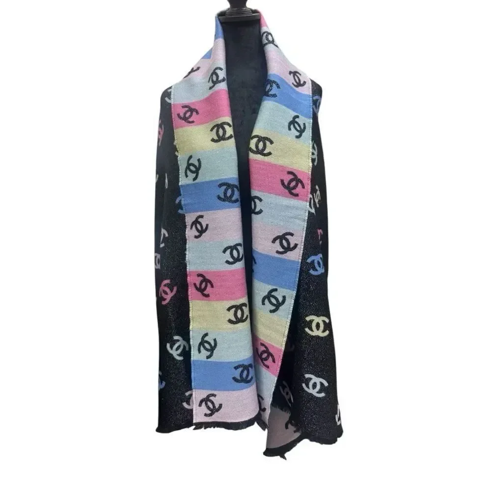 NWT Chanel Rainbow Shine Reversible CC Logo Cashmere Wool Silk Wrap Scarf 2024